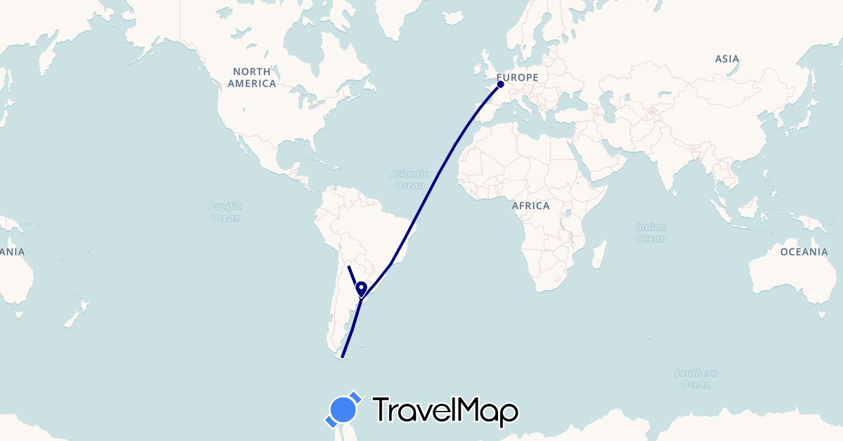TravelMap itinerary: driving in Argentina, Brazil, France (Europe, South America)